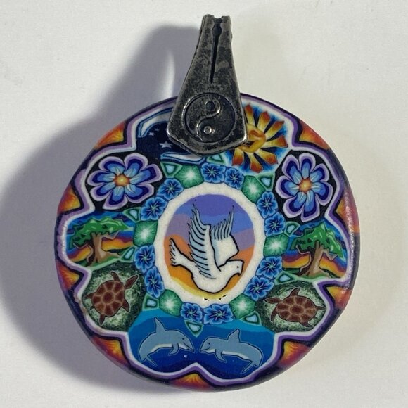 Millefiori Polymer Clay Pendant with Dove, Dolphins, and Turtles - Picture 1 of 6